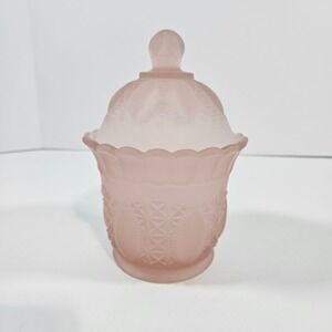Vintage Pink Satin Frosted Imperial Glass Lidded Candy Dish Queen Crown Scallop